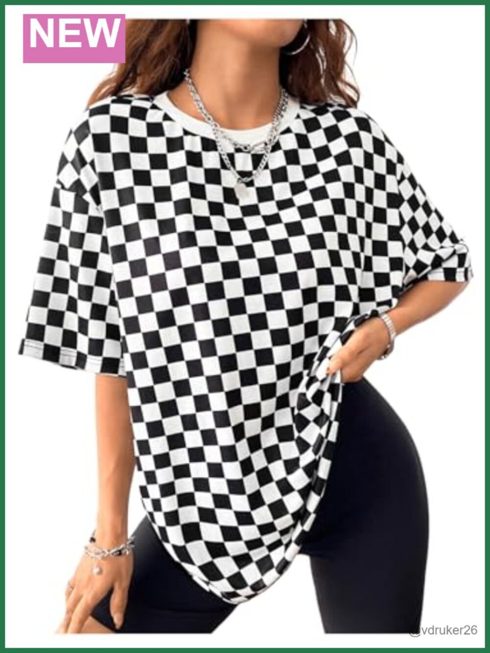 Womens Checkered Oversized Short Sleeve T Shirt Loose Fit Drop Shoulder